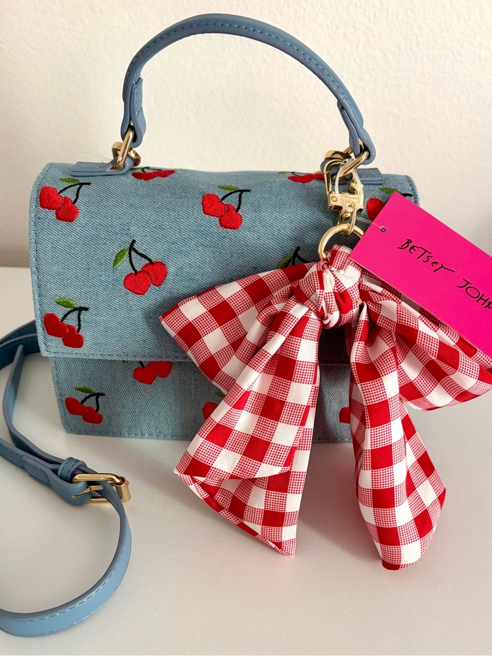 Betsey Johnson Blue Denim Cherry Print Satchel Crossbody. Retro Americana Pin-up